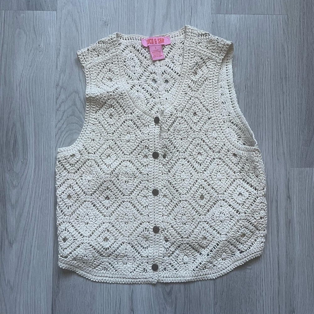 Coco & Shay Cream Crochet Button Front Vest & shorts set